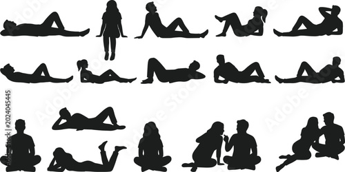 Fotografija People silhouette collection with sitting lying relaxing and social interaction