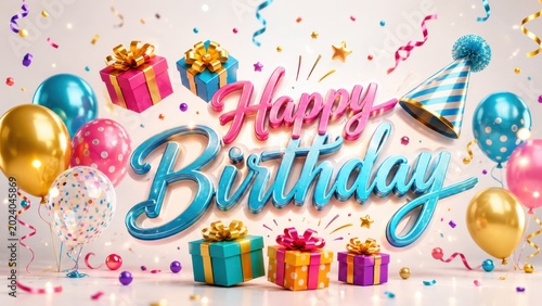 A colorful celebration scene with Happy Birthday text surrounded by balloons and gifts indoors