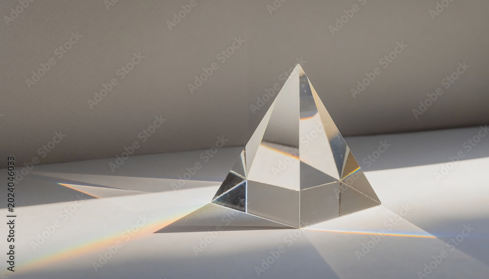Fototapeta premium Glass pyramid prism refracting bright natural sunlight to create a colorful spectrum rainbow on a minimalist white surface with soft shadows in a clean studio photography style.