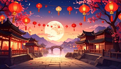 Vibrant Chinese New Year Celebration with Lanterns and Full Moon.