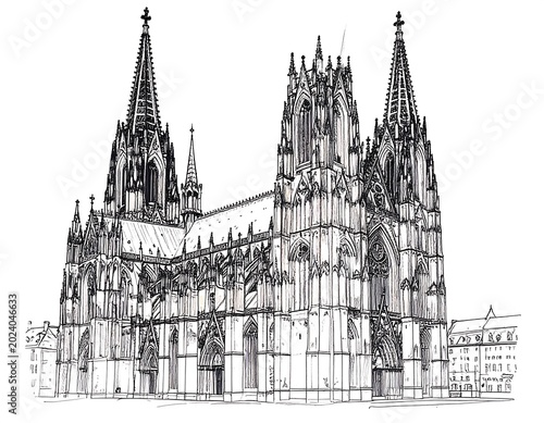 Detailed black and white architectural drawing of a Gothic cathedral