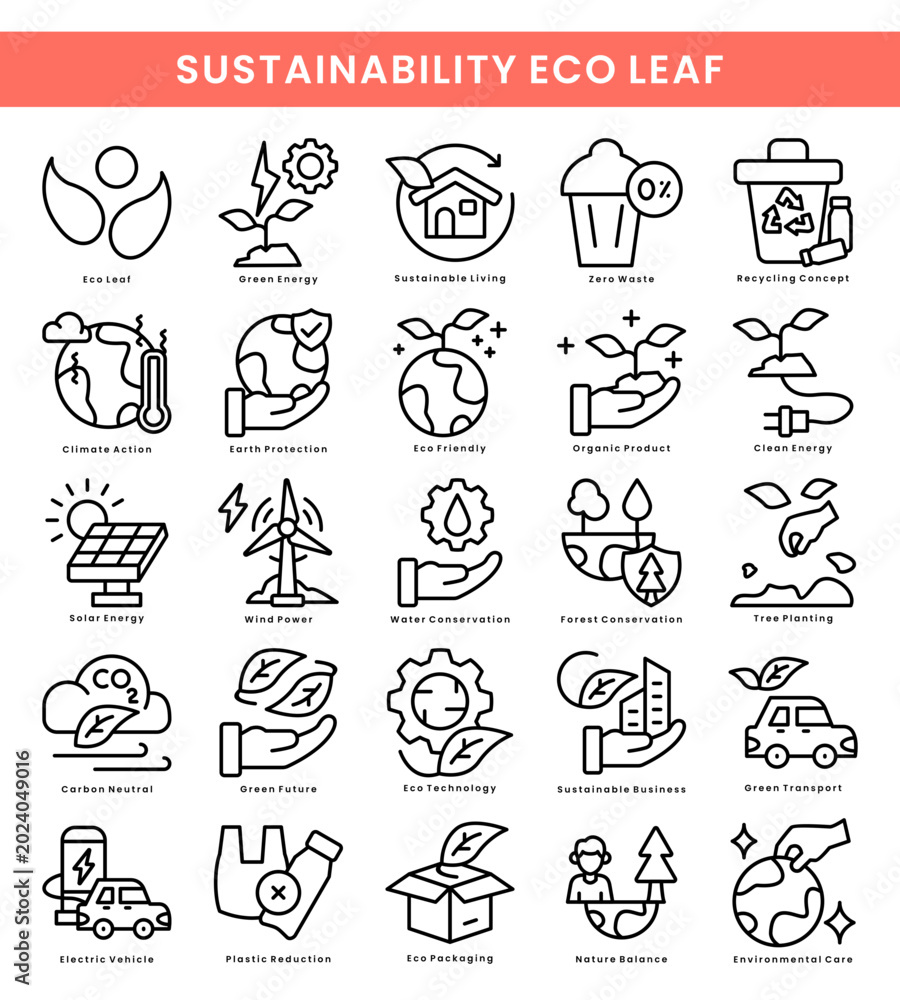Fototapeta premium Sustainability Eco Leaf Line Icon Pack with 25 Eco Friendly, Renewable Energy, Recycling and Green Living Concepts