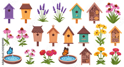 Collection of birdhouses, insect hotels, bird baths, and various flowers.