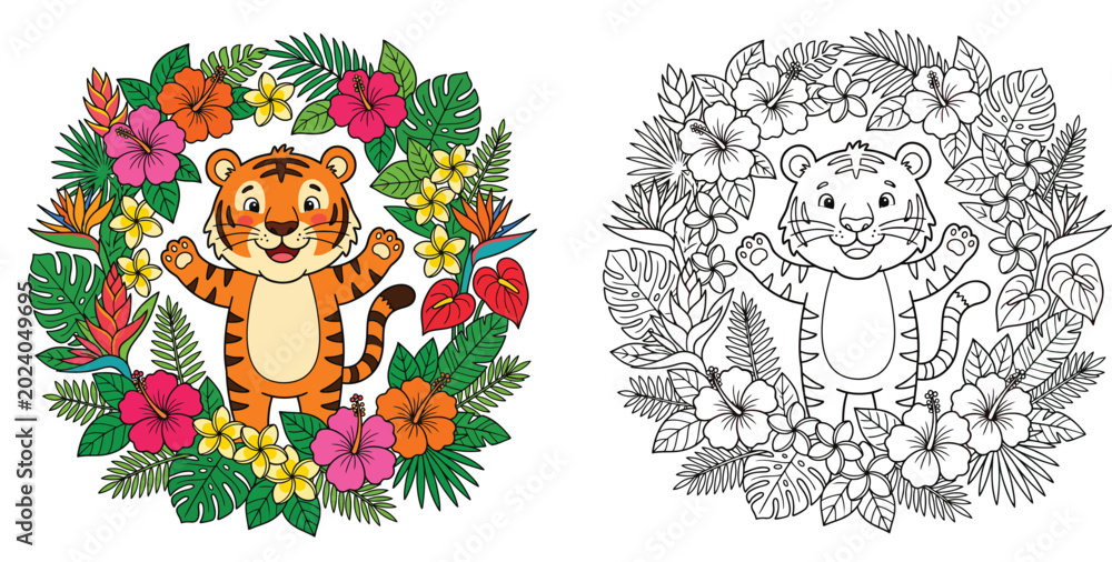 Obraz premium Happy Tiger Cub in a Vibrant Tropical Floral Wreath - Cute Cartoon Illustration with Exotic Flowers