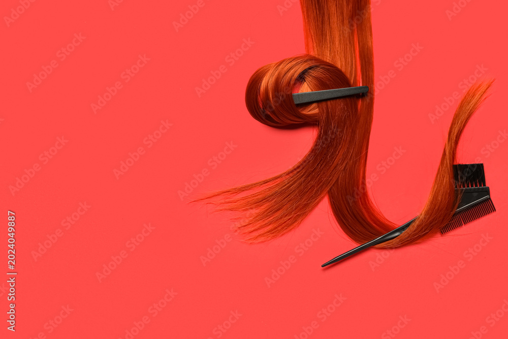 Fototapeta premium Ginger hair strand with clip and brush on red background