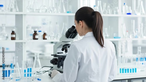 Young Caucasian female scientist using microscope for clinical pathology research in laboratory