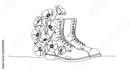 Photos One Line Drawing: Combat Boots with Poppies, Symbolizing Peace and Remembrance