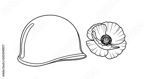 Photos Military Helmet and Poppy Flower Line Art - Symbol of Remembrance and Peace