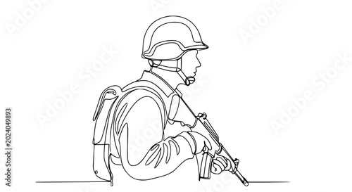 Photos One Line Drawing of Soldier with Rifle and Helmet, Military Person Illustration