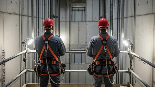 Two Male Elevator Technicians in Safety Harnesses Inspecting a Lift Shaft