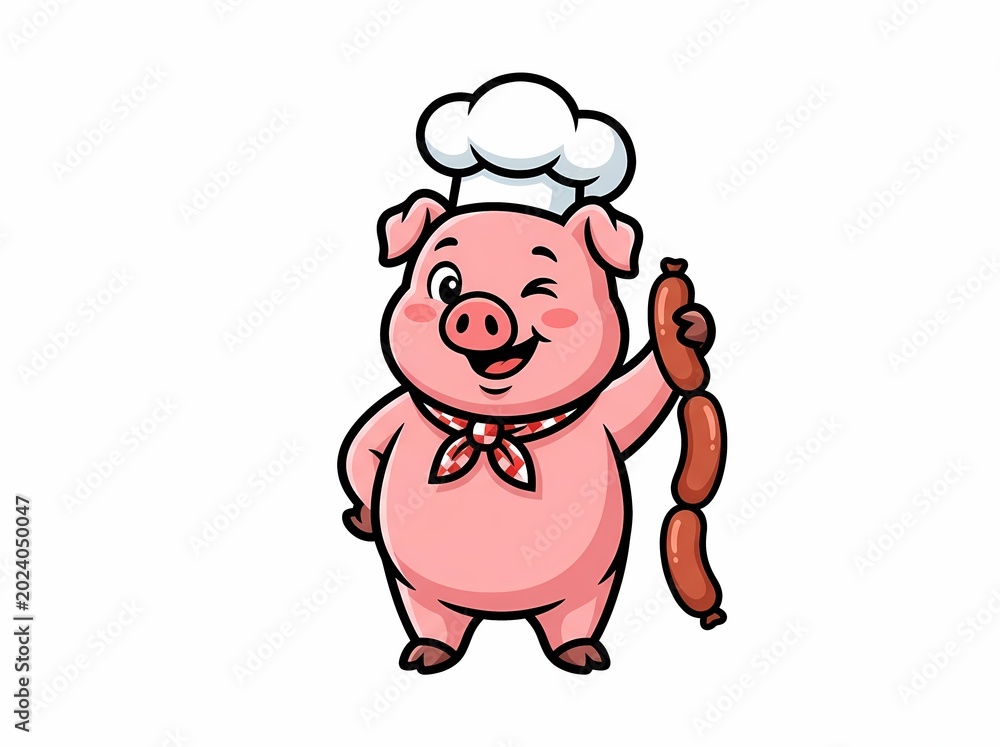 Fototapeta premium Cute Cartoon Pig Chef Holding Sausages Illustration.