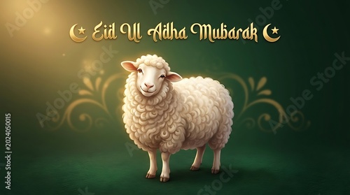 Eid al adha mubarak text with realistic sheep on a dark green festive background