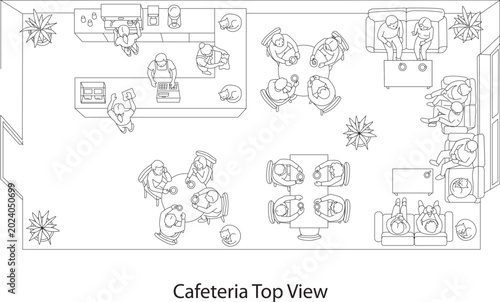 Top view camera architectural drawing of cafe interior with barista, customers and seating layout, floor plan style with furniture and people in clean minimal line illustration