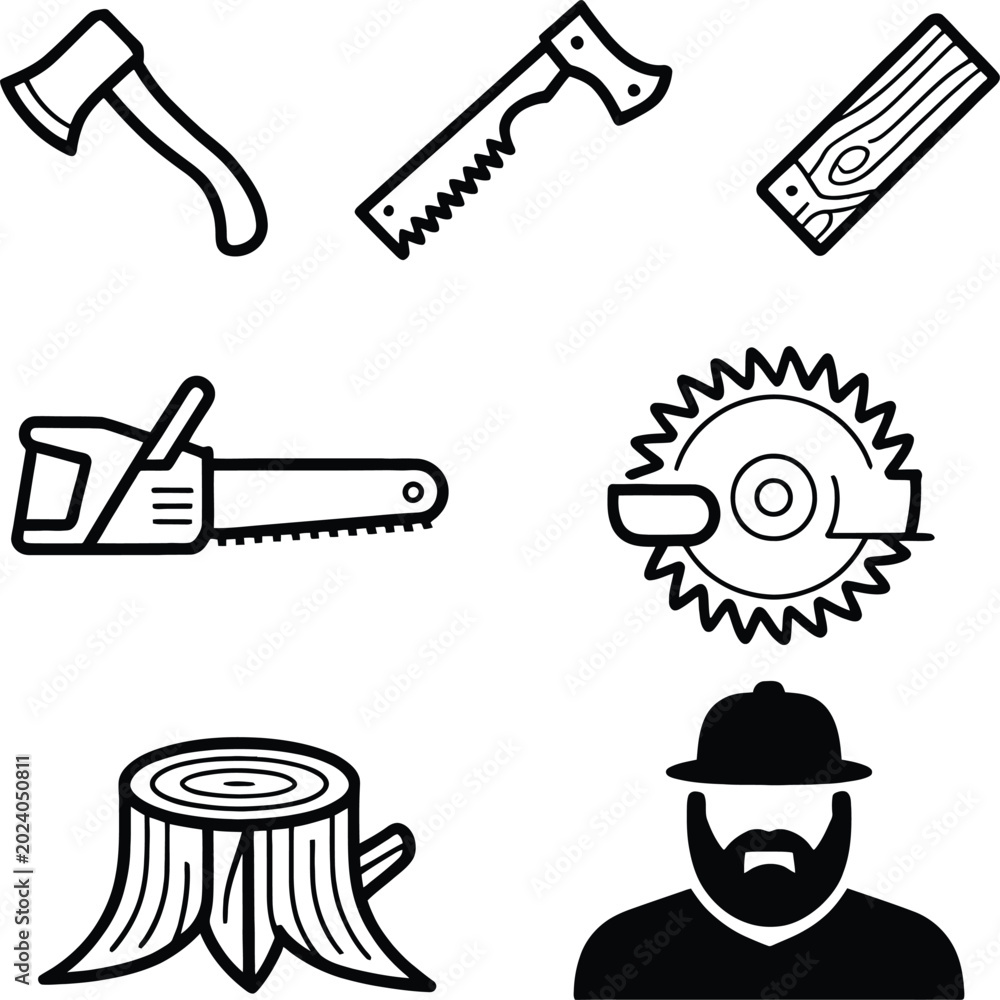 Fototapeta premium Black and white line of woodworking tools including an axe a saw a wooden plank a chainsaw a circular saw a tree stump and a bearded lumberjack wearing a hat on a white background
