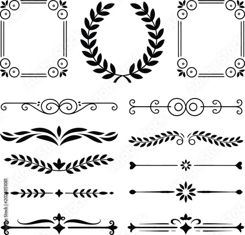 Collection of black decorative including square frames laurel wreath and various ornate horizontal dividers with floral leaf and swirl motifs on a white background