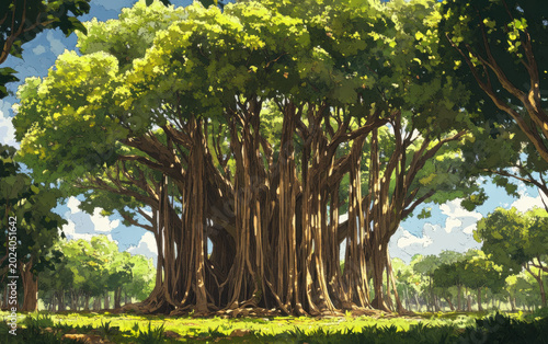 A serene landscape of a large tree with multiple trunks and green leaves in a natural setting