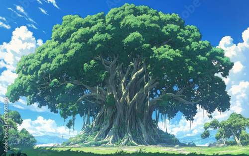 A majestic ancient tree stands tall in a lush green landscape under a vibrant blue sky with fluffy white clouds