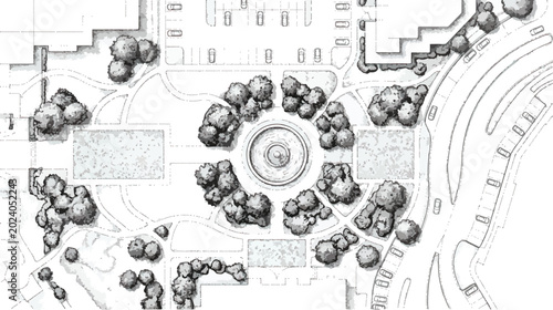 Foto Hand-drawn landscape architecture site plan, architectural master plan with tree
