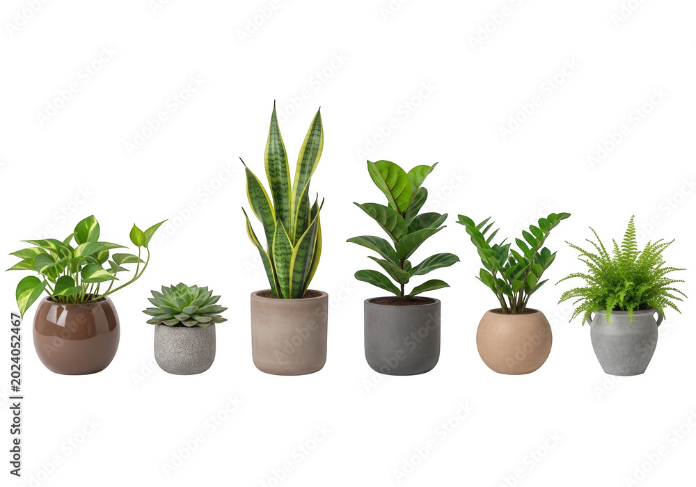 Fototapeta premium Six potted plants in a row on white isolated on transparent background