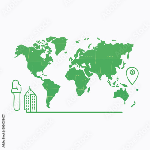 World Map with Travel and City Icons