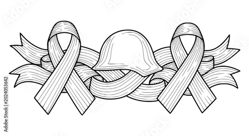 Foto Military Helmet with Remembrance Ribbons and Banner - Vector Illustration