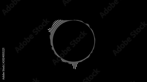 A graphic circular loop of rhythmic audio frequency sound waves in the background.
Round sound wave design on a black background, Circular interface audio voice music sound spectrum equalizer.