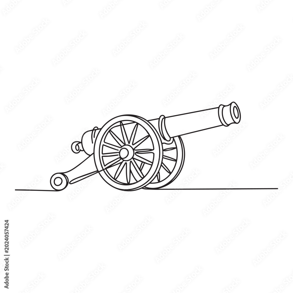 Fototapeta premium One line drawing of antique bronze cannon artillery piece on wheels for historical design.