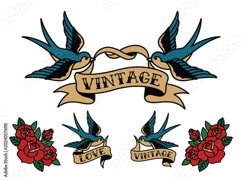 Old School American Traditional Tattoo Flash Art Featuring Blue Swallow Birds Flying with Red Roses and Vintage Banners on White Background