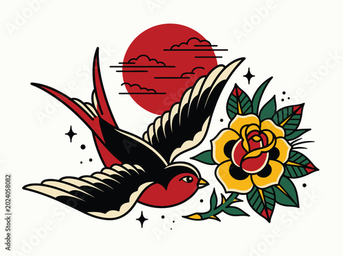 Traditional American Tattoo Flash Illustration of a Flying Swallow Bird with a Yellow Rose and Red Sun Soaring through Clouds and Stars
