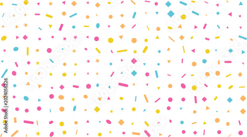 Colorful confetti pattern background with geometric shapes and stars