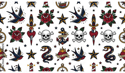 Konstfotografi Old school tattoo seamless pattern pro vector with traditional vintage tattoo sy
