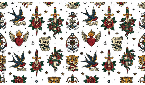 Bild auf Leinwand Old school tattoo seamless pattern pro vector with traditional vintage tattoo s