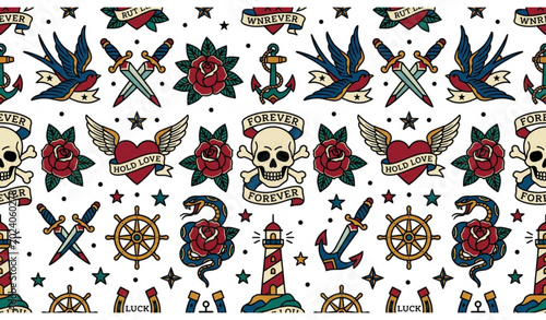 Foto Old school tattoo seamless pattern pro vector with traditional vintage tattoo sy