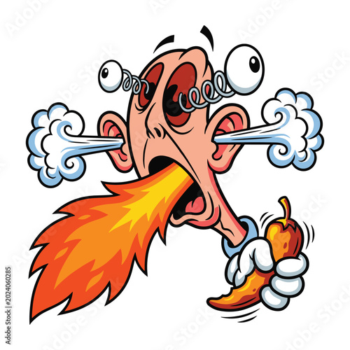 Konstfotografi Funny character breathing fire after eating a very spicy hot chili pepper vector illustration