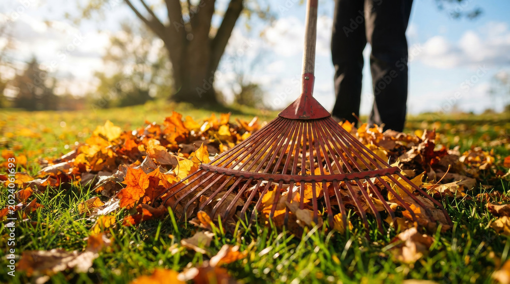 Obraz premium Autumn leaf raking in sunny backyard, gardener cleaning golden fallen leaves with garden rake, seasonal yard work and landscaping maintenance