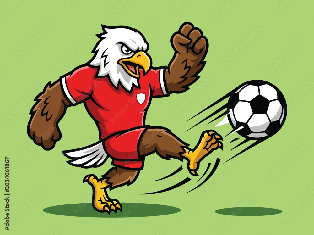 Obraz premium Fierce Bald Eagle Mascot Character Kicking Soccer Ball with Power in Dynamic Sports Field Action Illustration High Energy Competitive Spirit