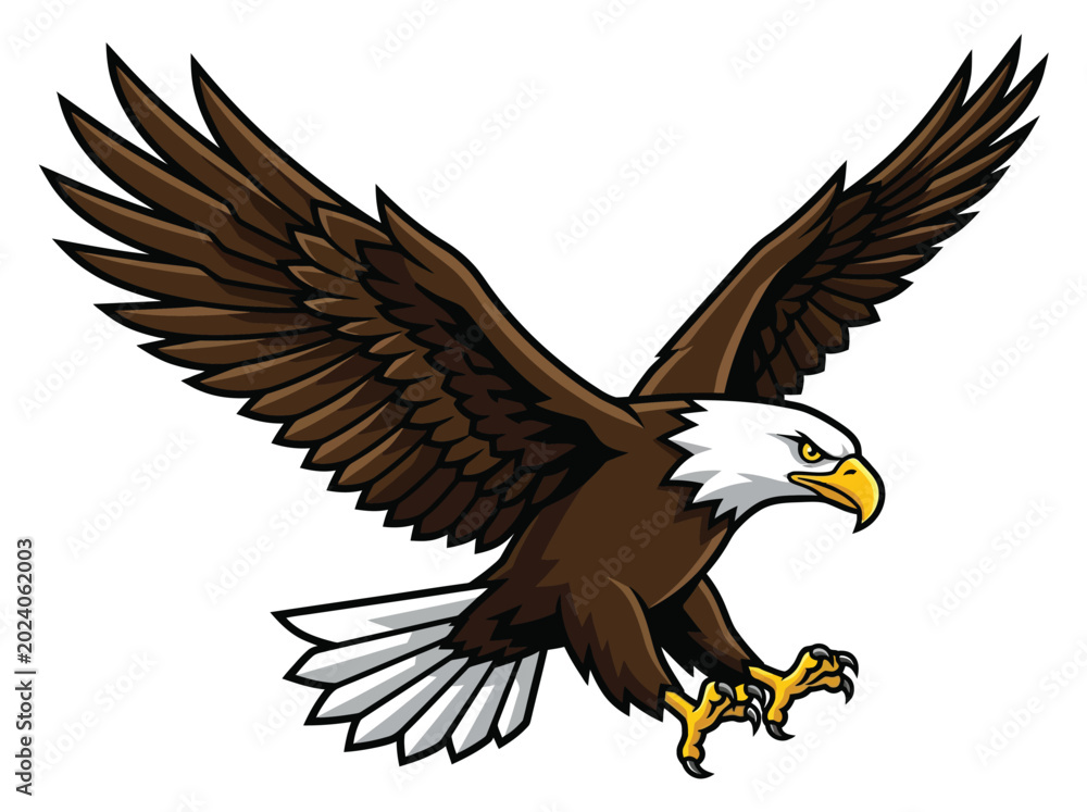 Fototapeta premium Bald Eagle Mascot Swooping with Talons Out Isolated on White Background Powerful Hunting Bird Vector Illustration for Sports Team Logo Brand