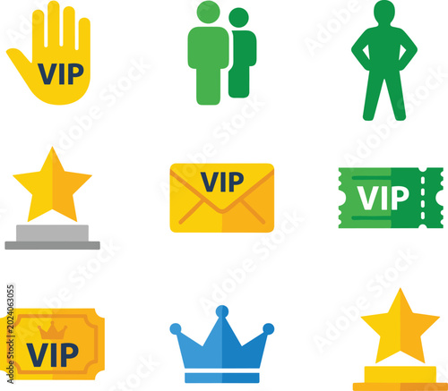 Bild auf Leinwand VIP membership and premium loyalty rewards flat icons set with crown trophy tick