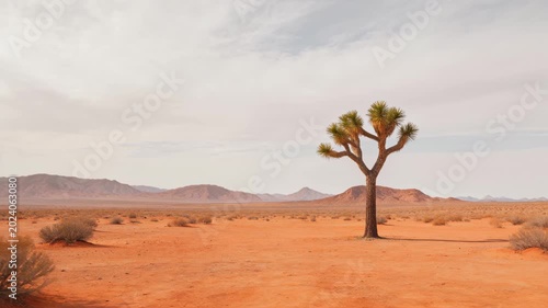 Solitary Joshua Tree in Vast Desert Landscape Under Cloudy Sky