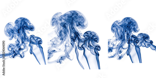 Ethereal swirling blue ink clouds dancing in midair, abstract smoke art background for creative design, dreamy mystical texture on pure white smooth glow

