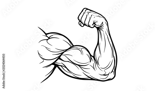 Obraz na płótnie Flexed bicep line art vector illustration with muscular arm strength isolated on