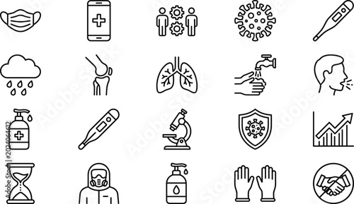 Obraz na płótnie Coronavirus pandemic and healthcare medical hygiene line icons set with protecti