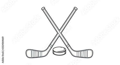 Tableau sur toile Hockey Sticks and Puck Icon, Hand Drawn Line Art, Sports Equipment, Isolated