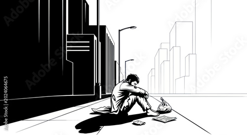 Bild auf Leinwand Lonely Man Sitting on City Sidewalk, Feeling Despair and Isolation