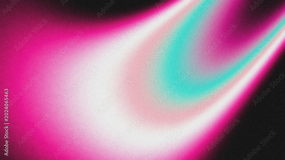 Fototapeta premium Abstract grainy gradient background with neon pink, white, and turquoise light streaks against black, creating a soft, retro-futuristic vibe.
