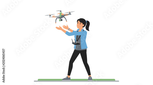 Illustration of a young woman acting as a remote pilot drone, controlling a drone with a remote