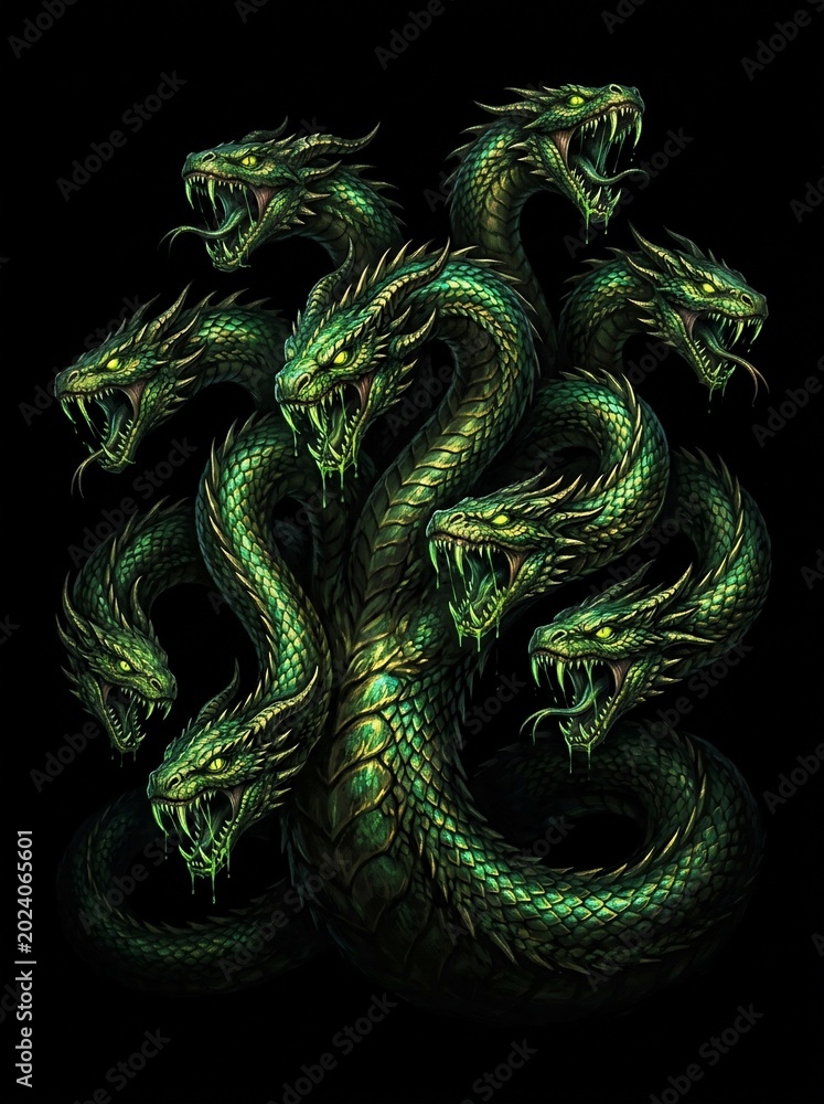 Fototapeta premium Fearsome green multi headed hydra mythical beast illustration.
