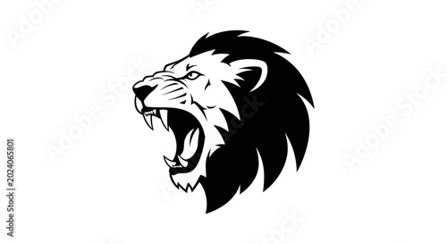 Photography Roaring Lion Head Emblem, Fierce Animal Portrait, Black and White Vector Art
