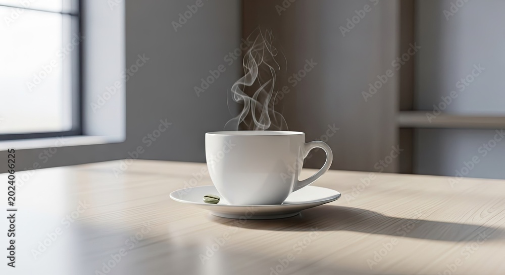 Fototapeta premium Steaming white coffee cup on wooden table near window