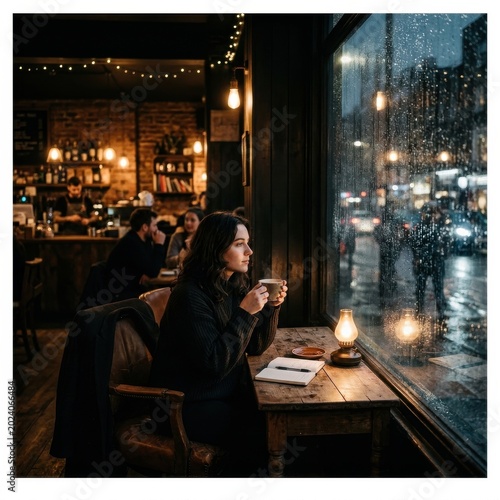 Woman sitting alone in cozy café on rainy evening, holding warm drink and gazing out steamy window at blurred city lights, notebook open on wooden table

